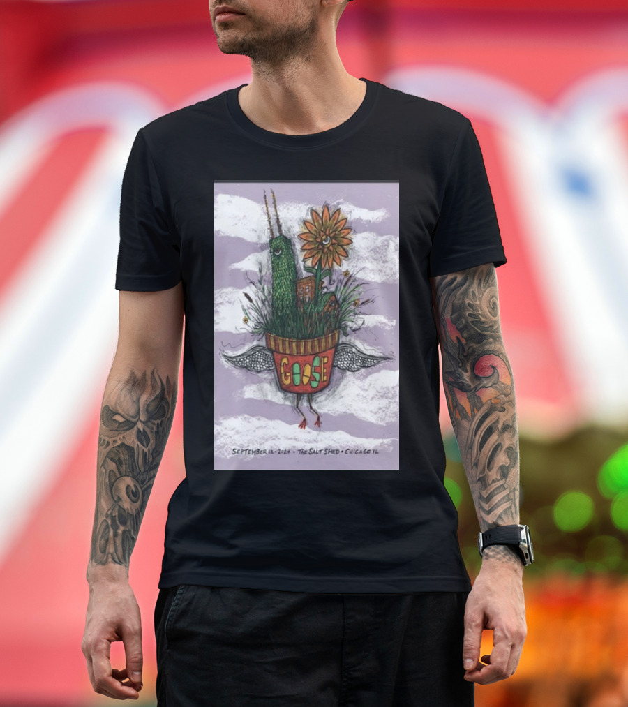 Goose September 12 2024 The Salt Shed Chicago IL Flower Bird Creature in Clouds T-Shirt