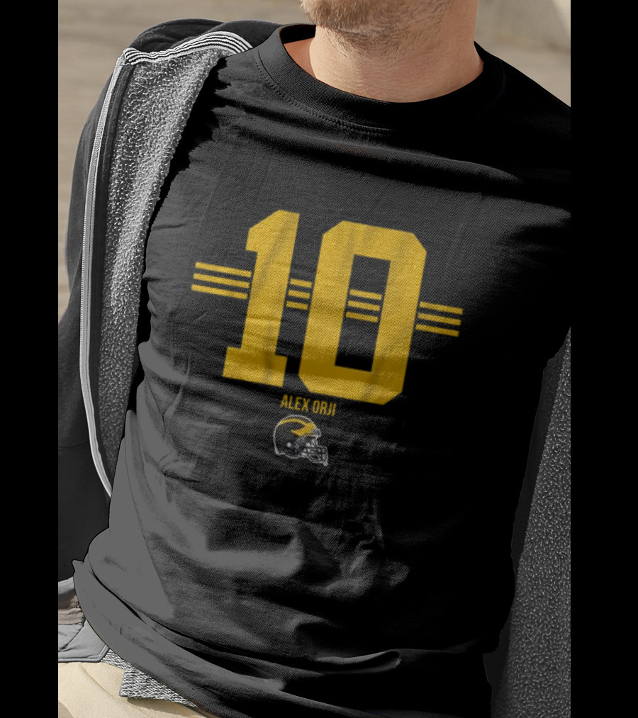 Michigan Football Alex Orji 10 Helmet Stripe T-Shirt