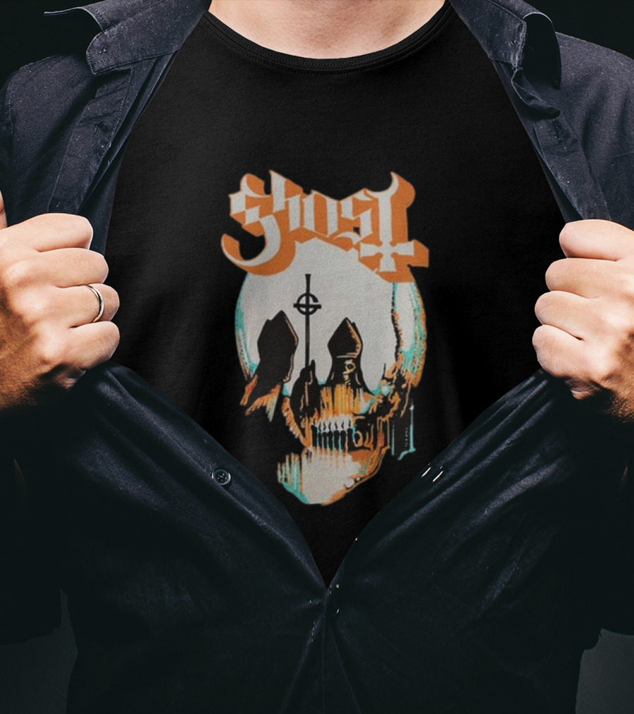 Ghost Band Skull Reflections With Cross And Cathedral Elements T-Shirt