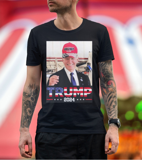 Premium T-Shirt: Trump 2024 Hat on Joe Biden Image with Patriotic T-Shirt Trump 2024 Hat on Joe Biden Image with Patriotic T-Shirt