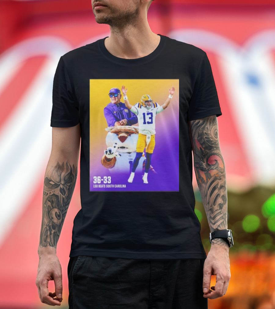 36-33 LSU Tigers Victory Over South Carolina with Coach and Player Celebrations T-Shirt
