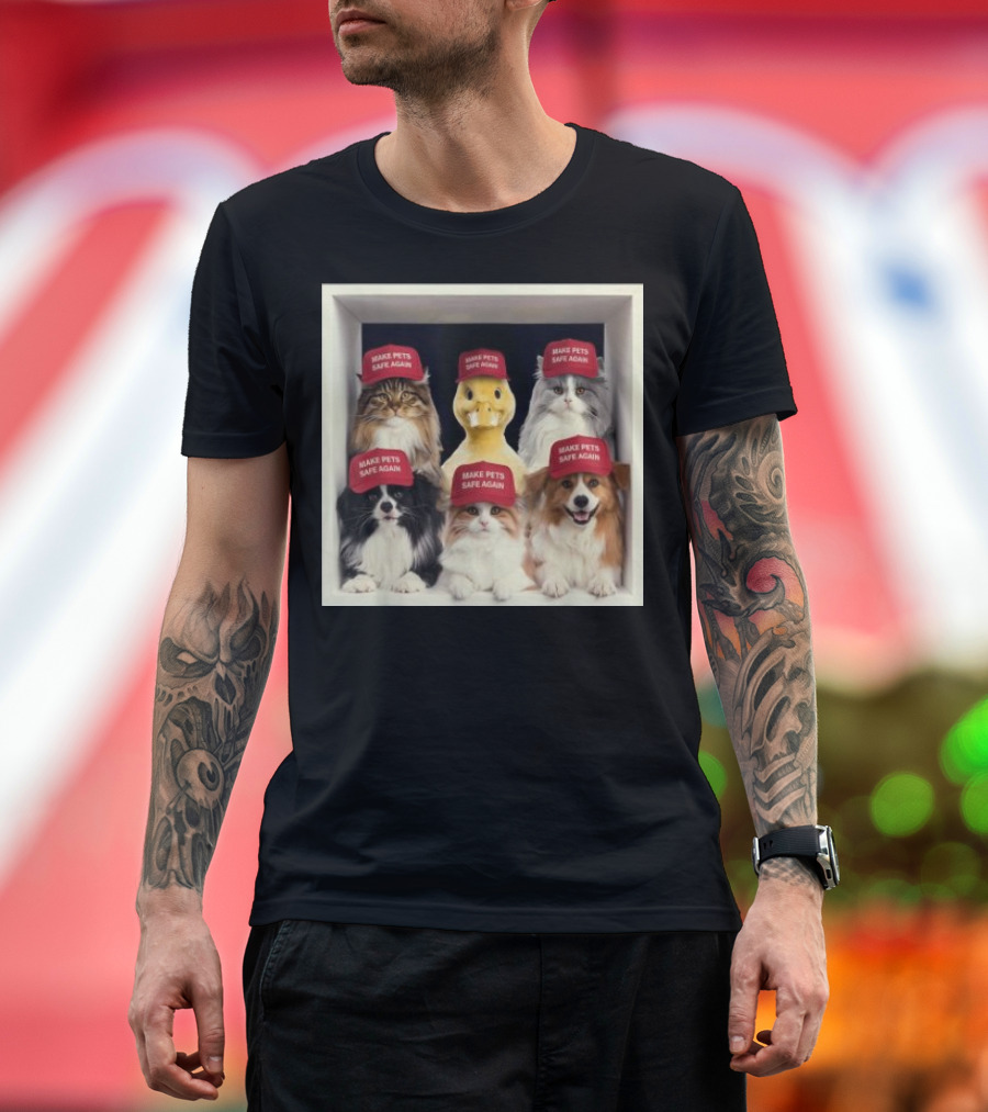 Make Pets Safe Again Cute Cats and Dog in Red Hats T-Shirt