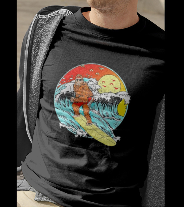 Bigfoot Surfing Sasquatch Retro 80s Beach Waves Sun Fun T-Shirt
