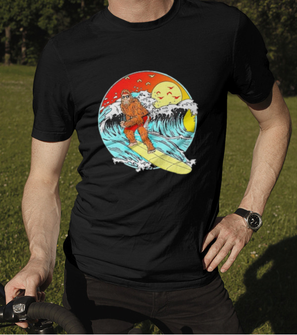 Bigfoot Surfing Sasquatch Retro 80s Beach Waves Sun Fun T-Shirt