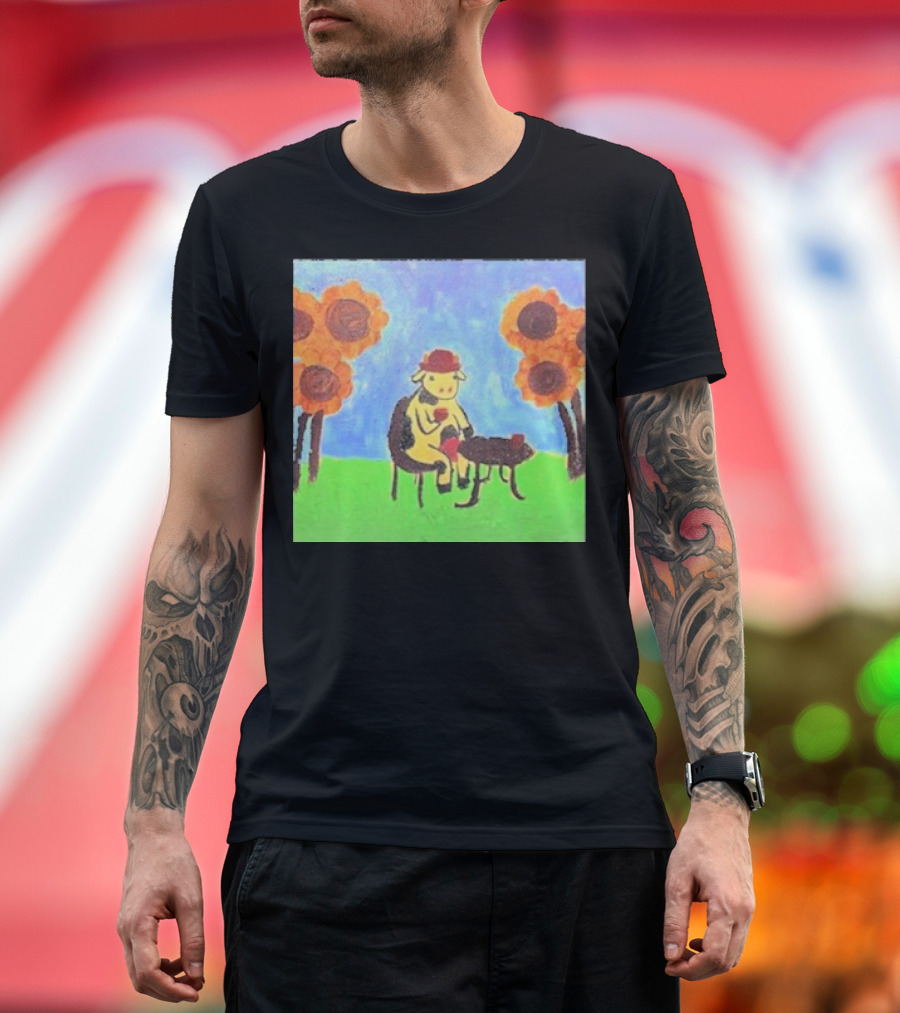 Leanbeeftees Tea Time Cow in Hat with Sunflowers T-Shirt