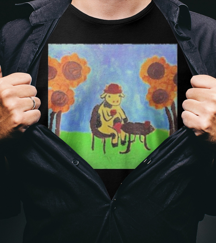 Leanbeeftees Tea Time Cow In Hat With Sunflowers T-Shirt
