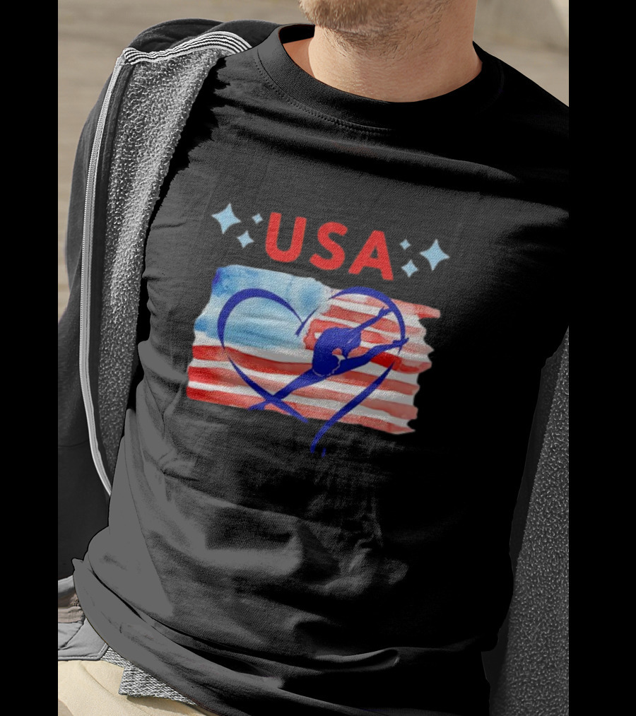 USA Patriotic American Flag Heart Gymnastics T-Shirt