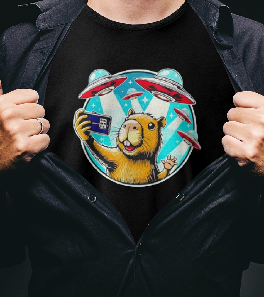 Capybara Taking Selfie With UFO Fleet Overhead T-Shirt