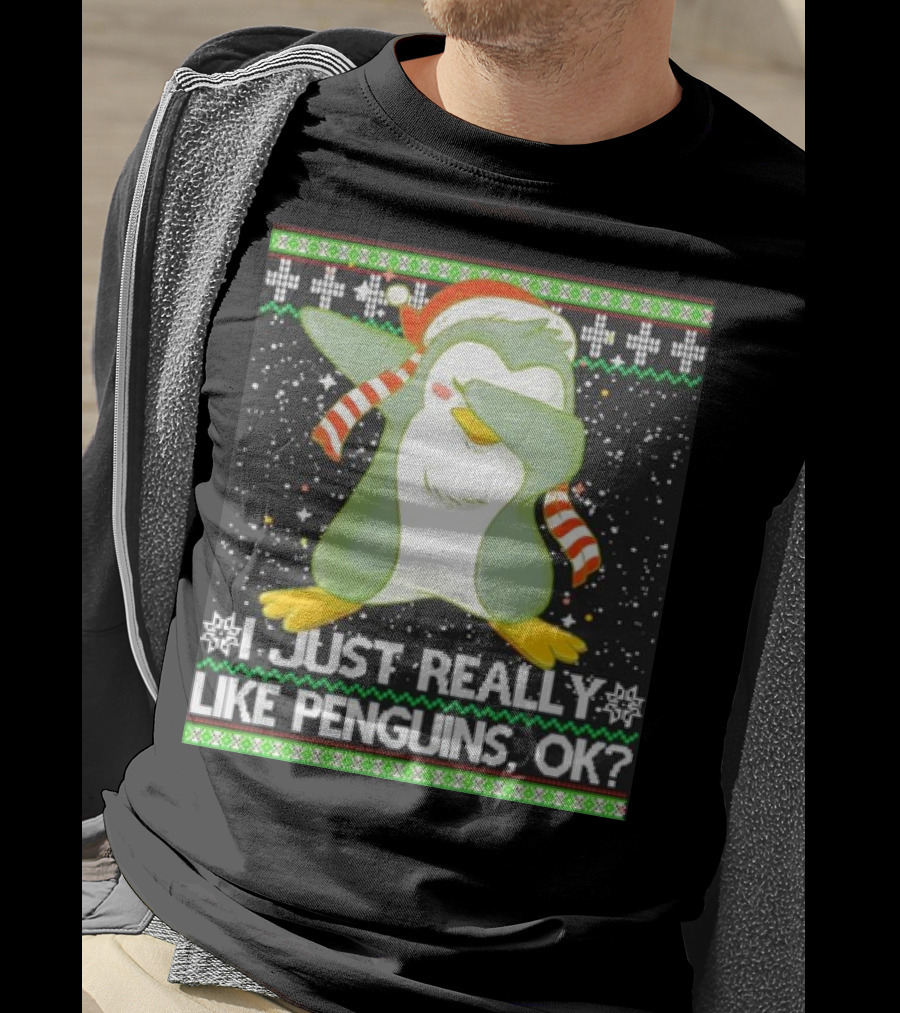 I Just Really Like Penguins Ok Ugly Christmas Cute Dabbing Penguin T-Shirt