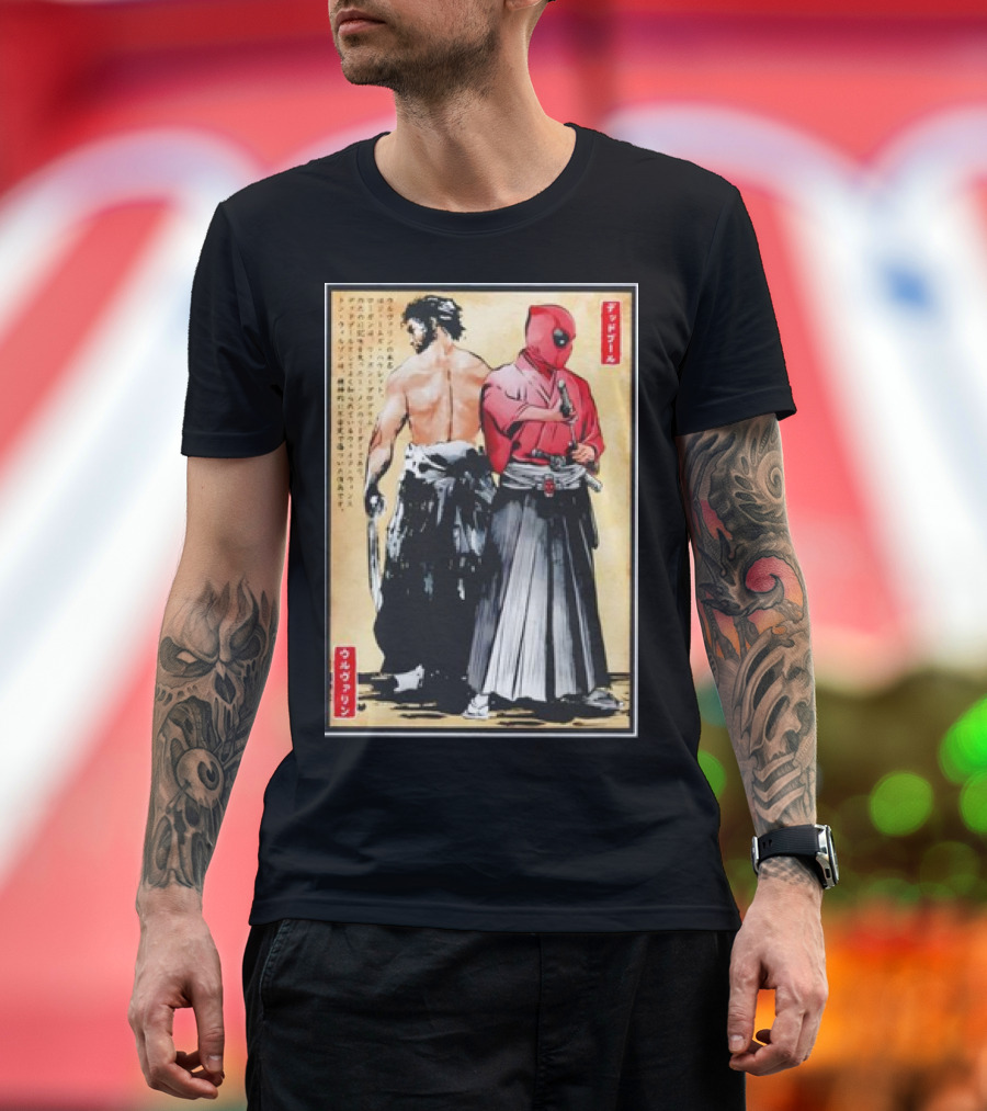 Mutant Samurai and Red Ronin Deadpool Wolverine Woodblock T-Shirt