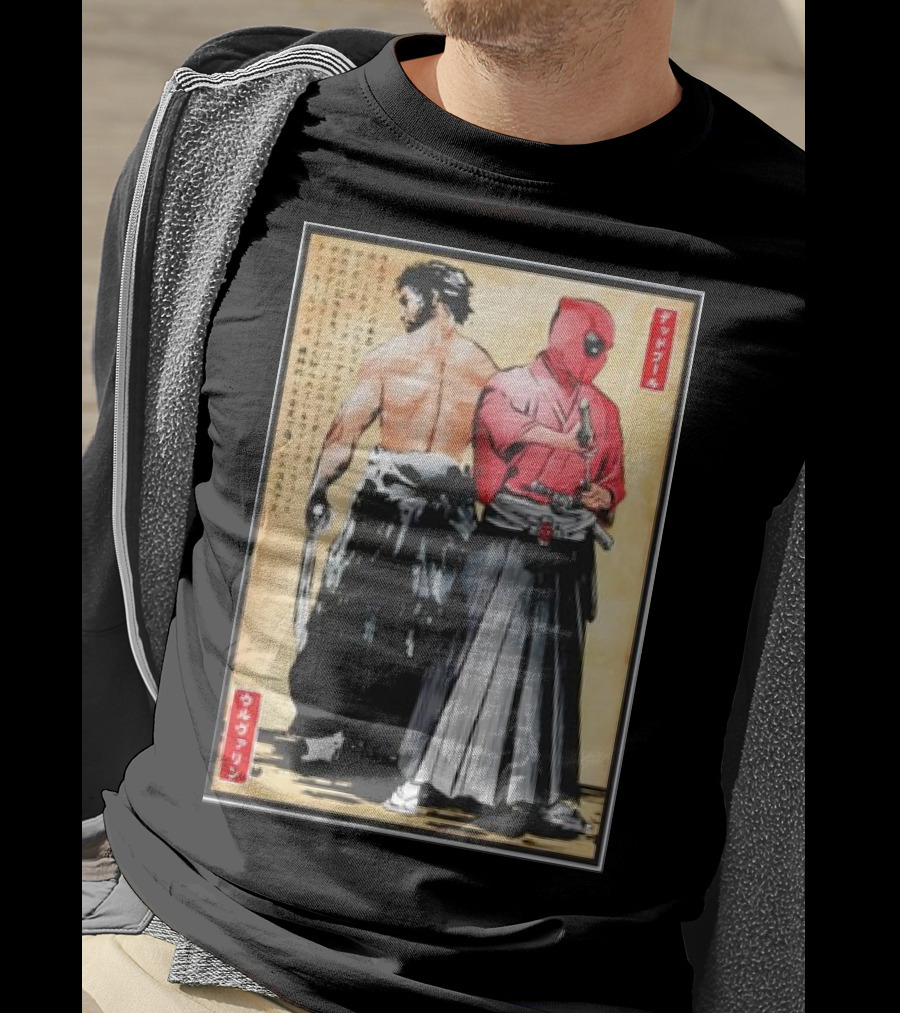 Mutant Samurai And Red Ronin Deadpool Wolverine Woodblock T-Shirt