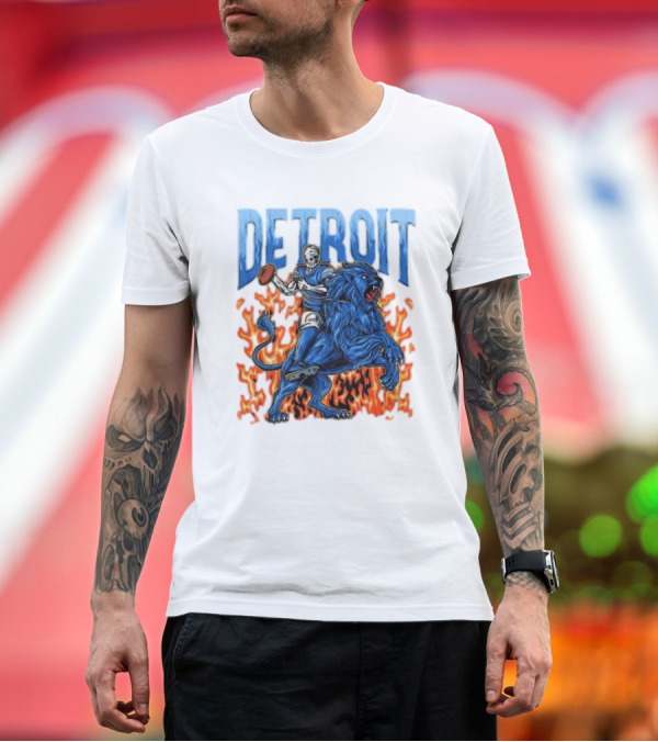 Premium T-Shirt: Detroit Lions Skeleton Quarterback Riding Flaming Blue Lion T-Shirt Detroit Lions Skeleton Quarterback Riding Flaming Blue Lion T-Shirt