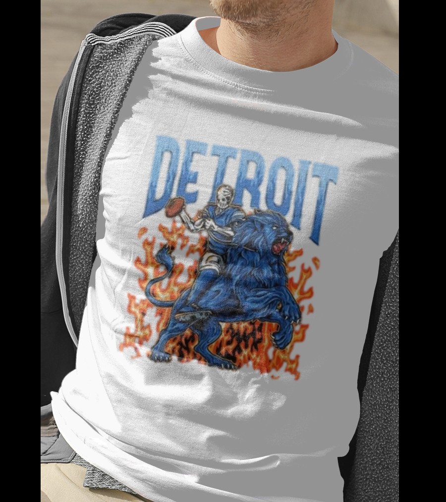 Detroit Lions Skeleton Quarterback Riding Flaming Blue Lion T-Shirt