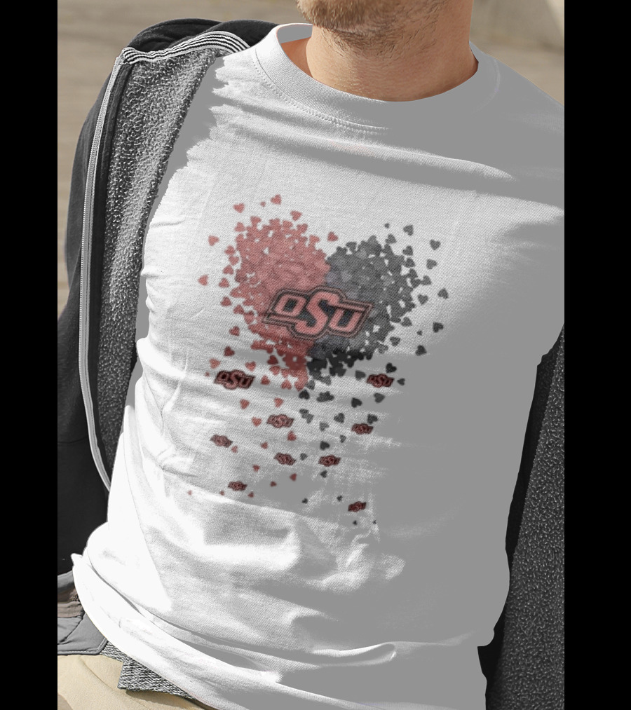 OSU Oklahoma State Cowboys Heart Design Filled With Red And Gray Hearts T-Shirt