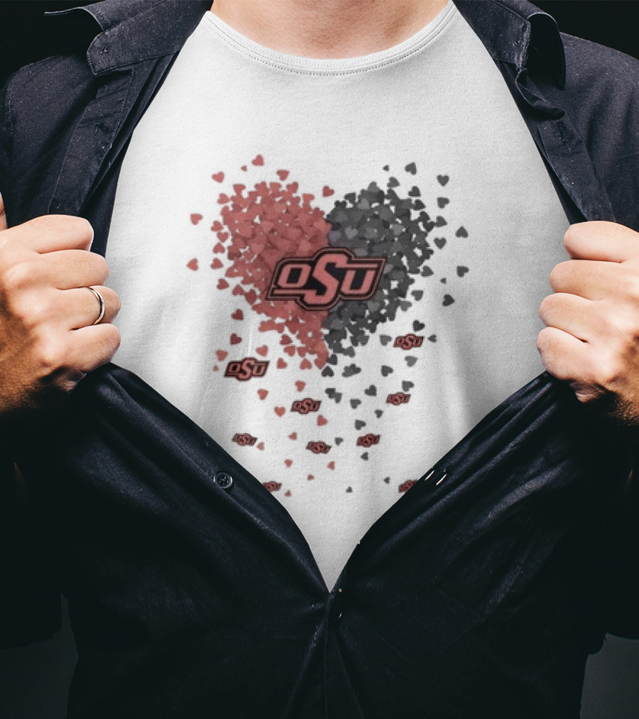 OSU Oklahoma State Cowboys Heart Design Filled With Red And Gray Hearts T-Shirt