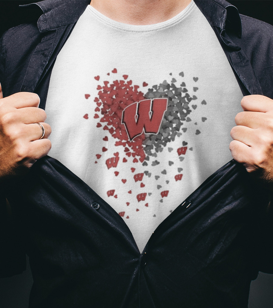 Heart Full Of Wisconsin Badgers Logo With Falling Hearts T-Shirt