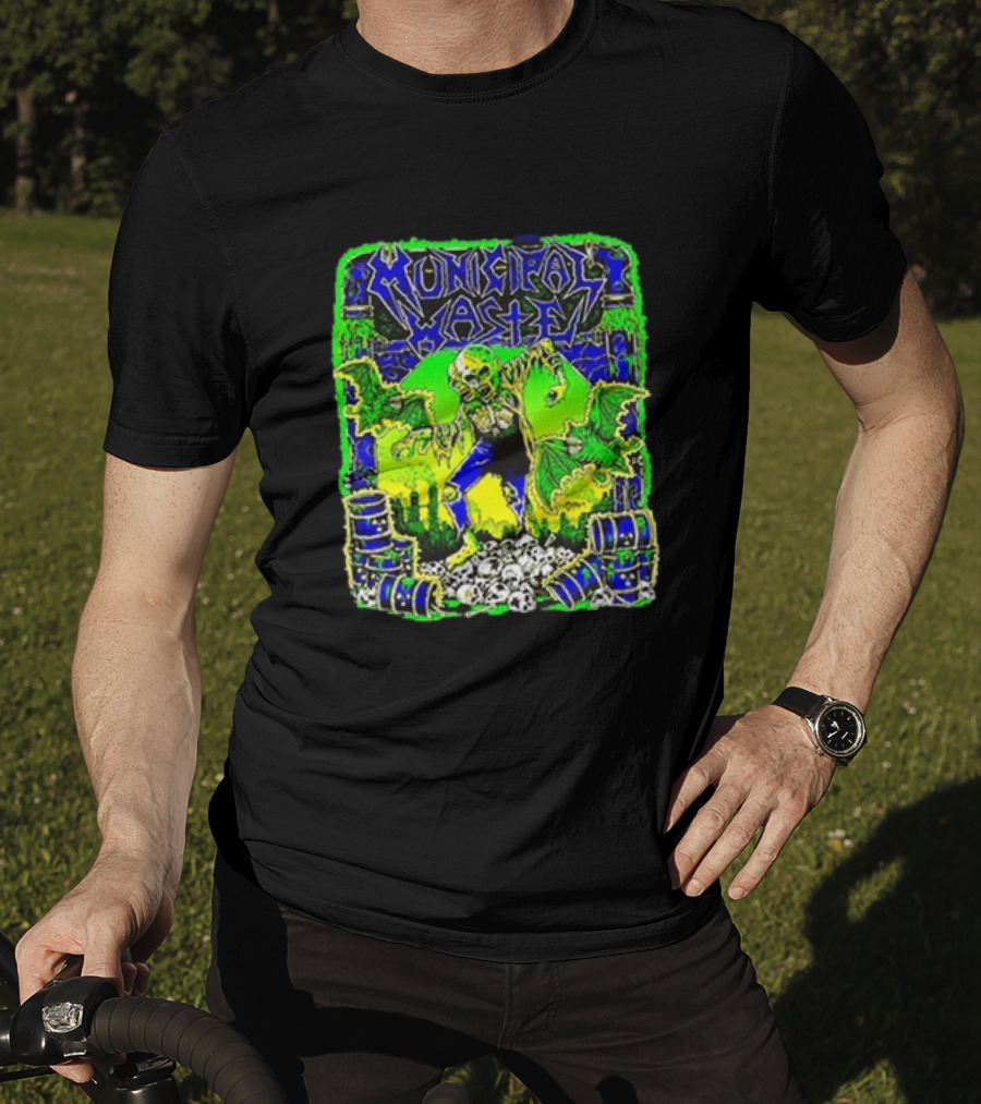 Municipal Waste Radioactive Creature With Toxic Barrels And Green Bats T-Shirt