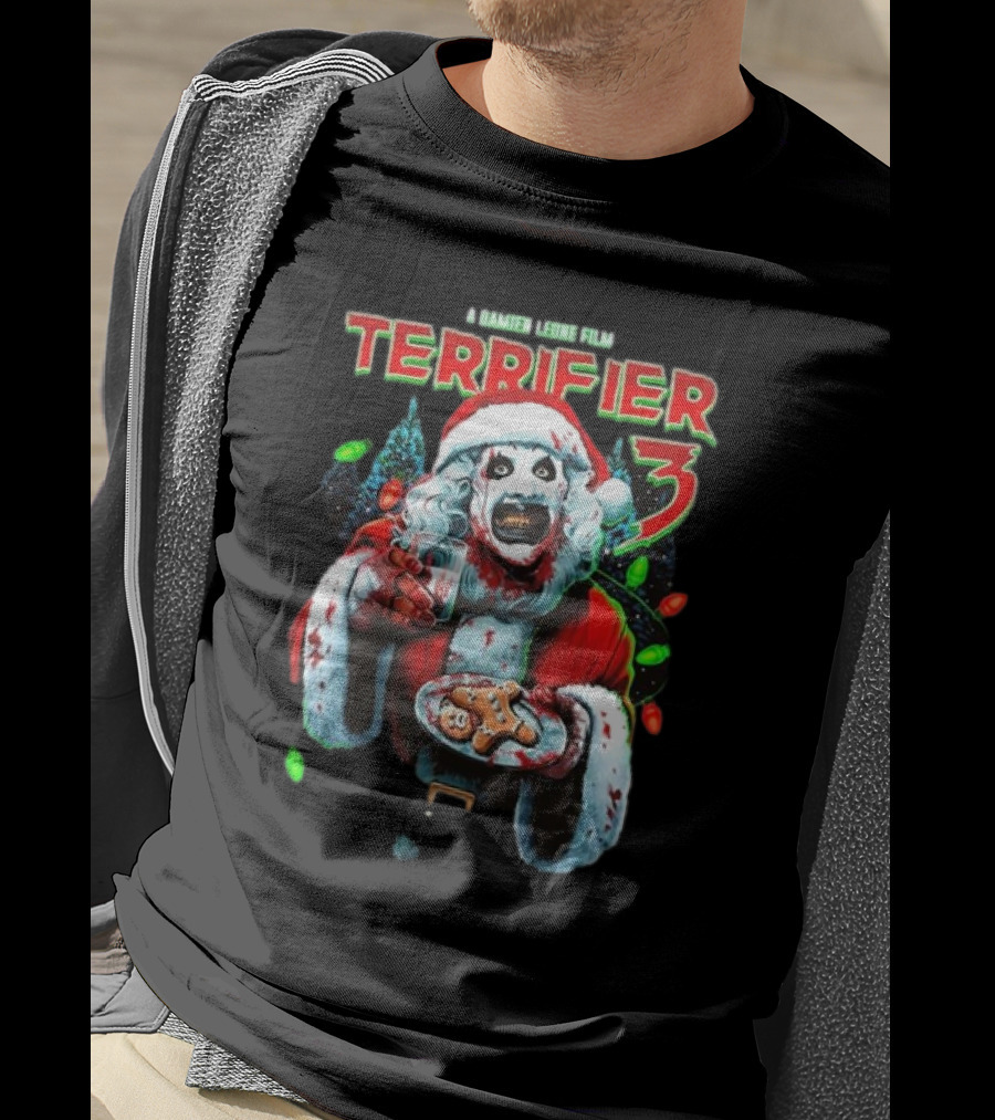 Terrifier 3 A Damien Leone Film Christmas With Milk And Carnage Santa Holding Gingerbread And Glass T-Shirt