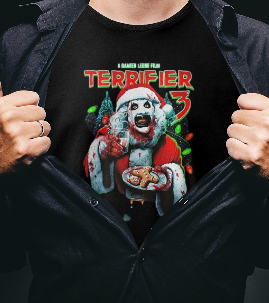Terrifier 3 A Damien Leone Film Christmas With Milk And Carnage Santa Holding Gingerbread And Glass T-Shirt