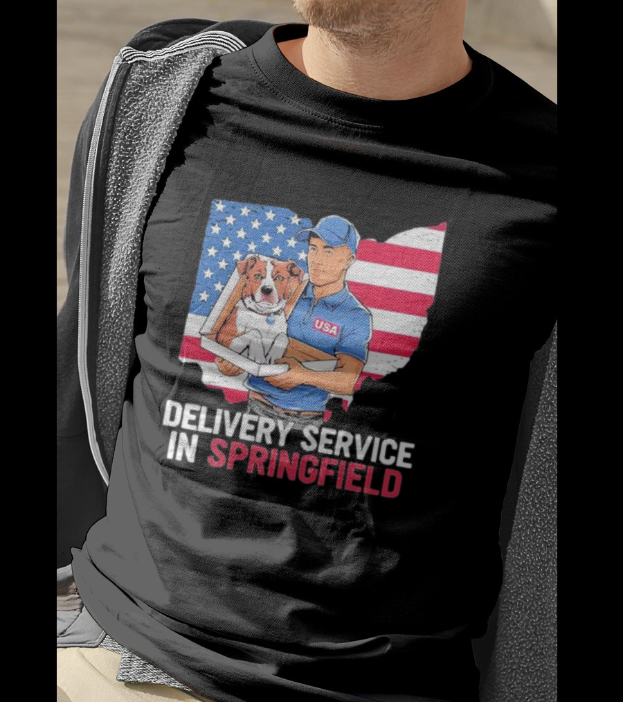 Delivery Service In Springfield USA Dog Parcel Ohio Flag Background T-Shirt