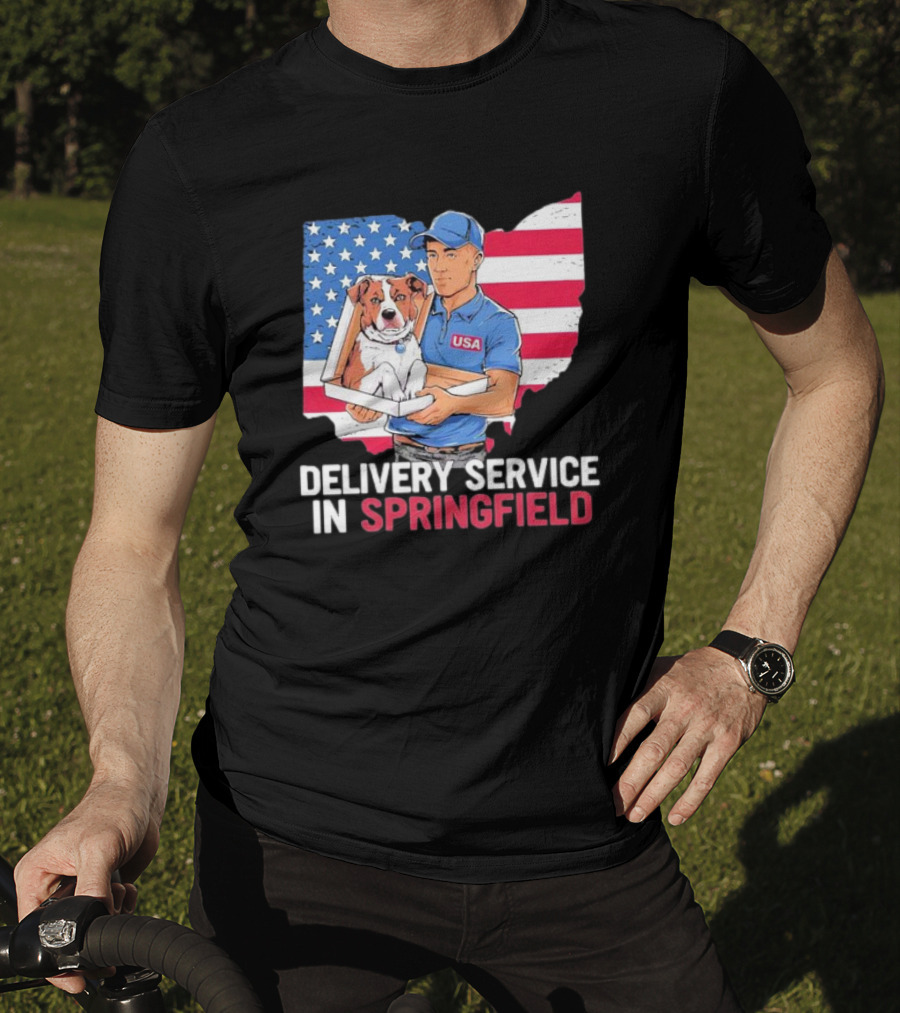 Delivery Service In Springfield USA Dog Parcel Ohio Flag Background T-Shirt