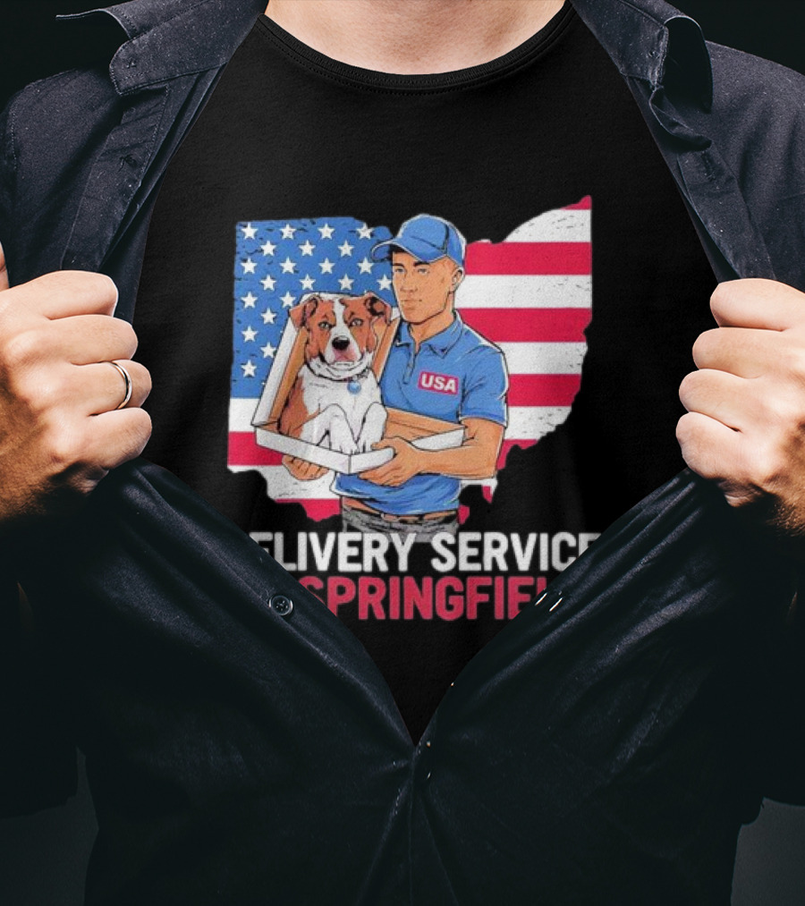 Delivery Service In Springfield USA Dog Parcel Ohio Flag Background T-Shirt