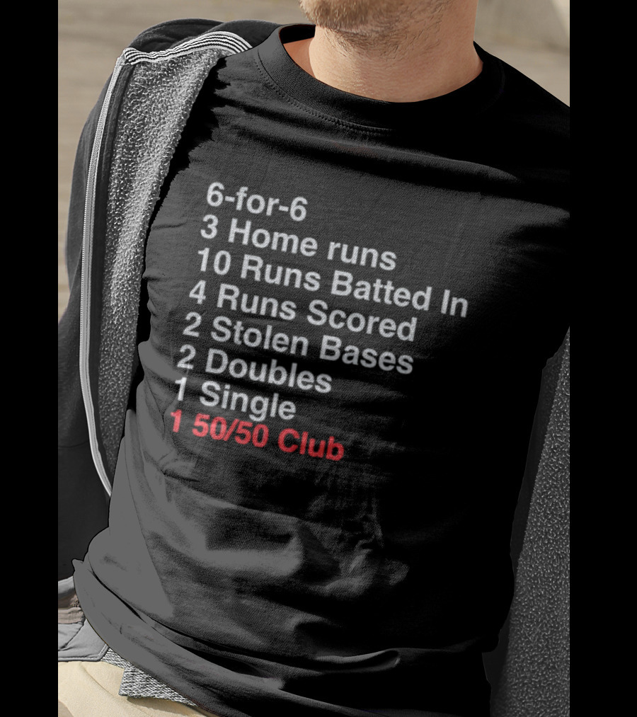 Shohei Ohtani 6-for-6 3 Home Runs 10 Runs Batted In 4 Runs Scored 2 Stolen Bases 2 Doubles 1 Single 50-50 Club T-Shirt