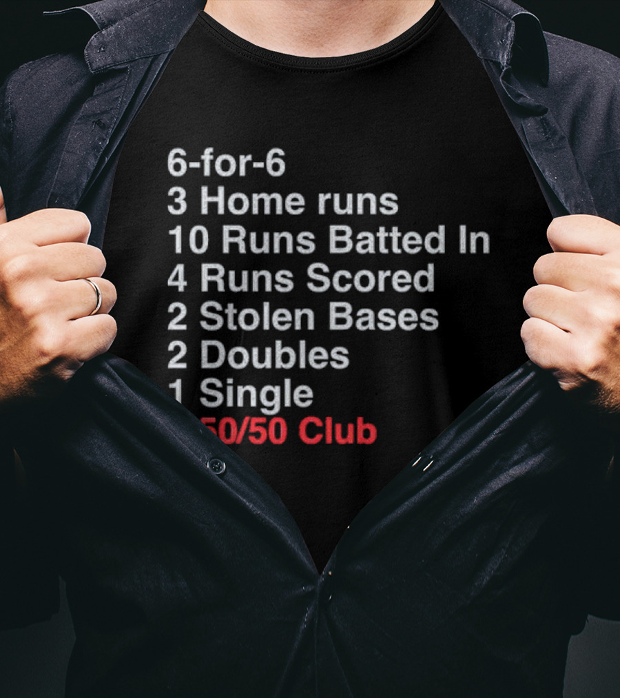 Shohei Ohtani 6-for-6 3 Home Runs 10 Runs Batted In 4 Runs Scored 2 Stolen Bases 2 Doubles 1 Single 50-50 Club T-Shirt