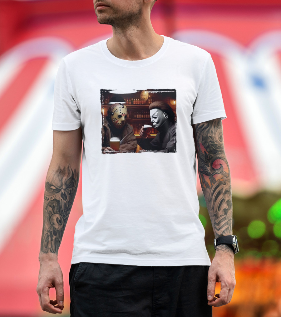 Jason Voorhees and Michael Myers Halloween Beer Scene T-Shirt