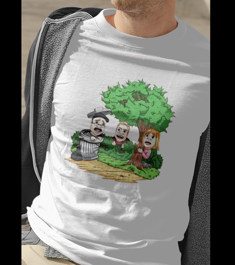 Artem Potokin Little Me Cartoon Characters Hiding Behind Tree And Trash Can T-Shirt