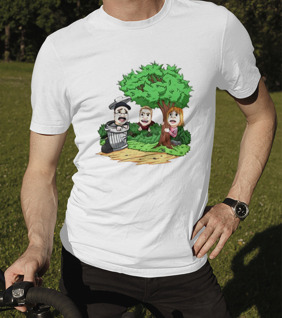 Artem Potokin Little Me Cartoon Characters Hiding Behind Tree And Trash Can T-Shirt