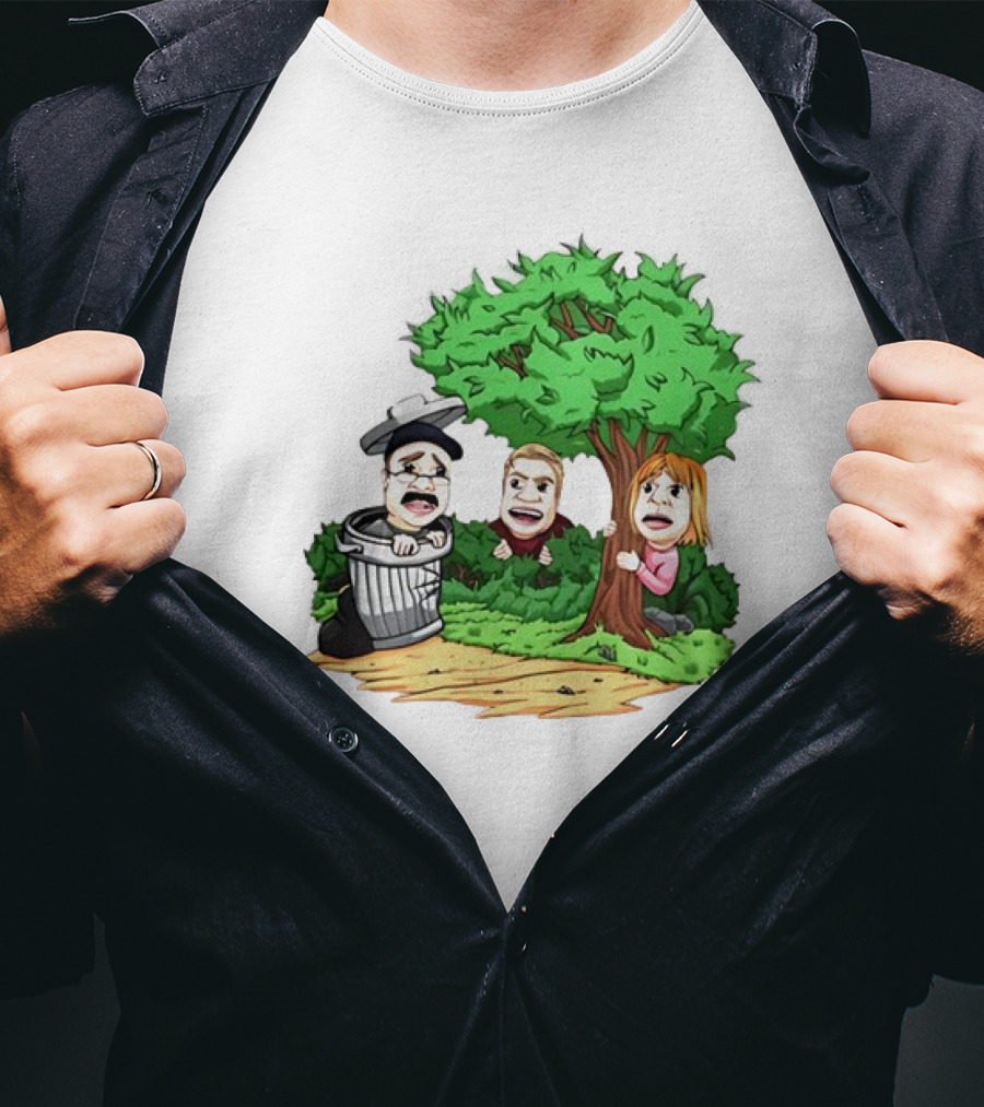 Artem Potokin Little Me Cartoon Characters Hiding Behind Tree And Trash Can T-Shirt