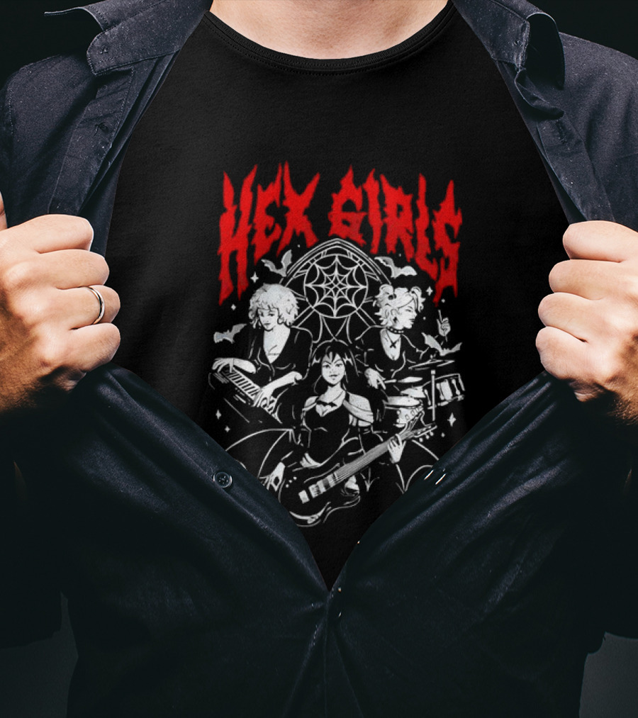Hex Girls Band Gothic Rock Trio With Instruments And Spiderweb Background T-Shirt