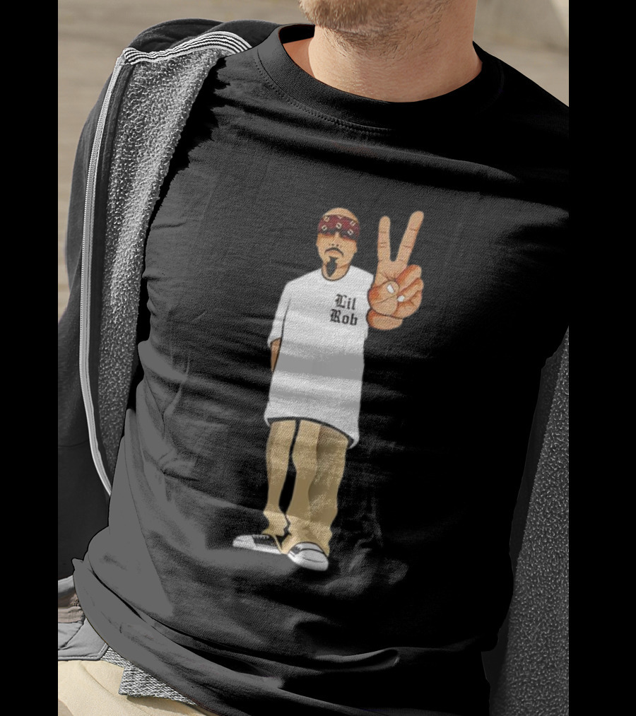 Lil Rob Peace Gesture Cartoon Character With Headband And Bearded T-Shirt