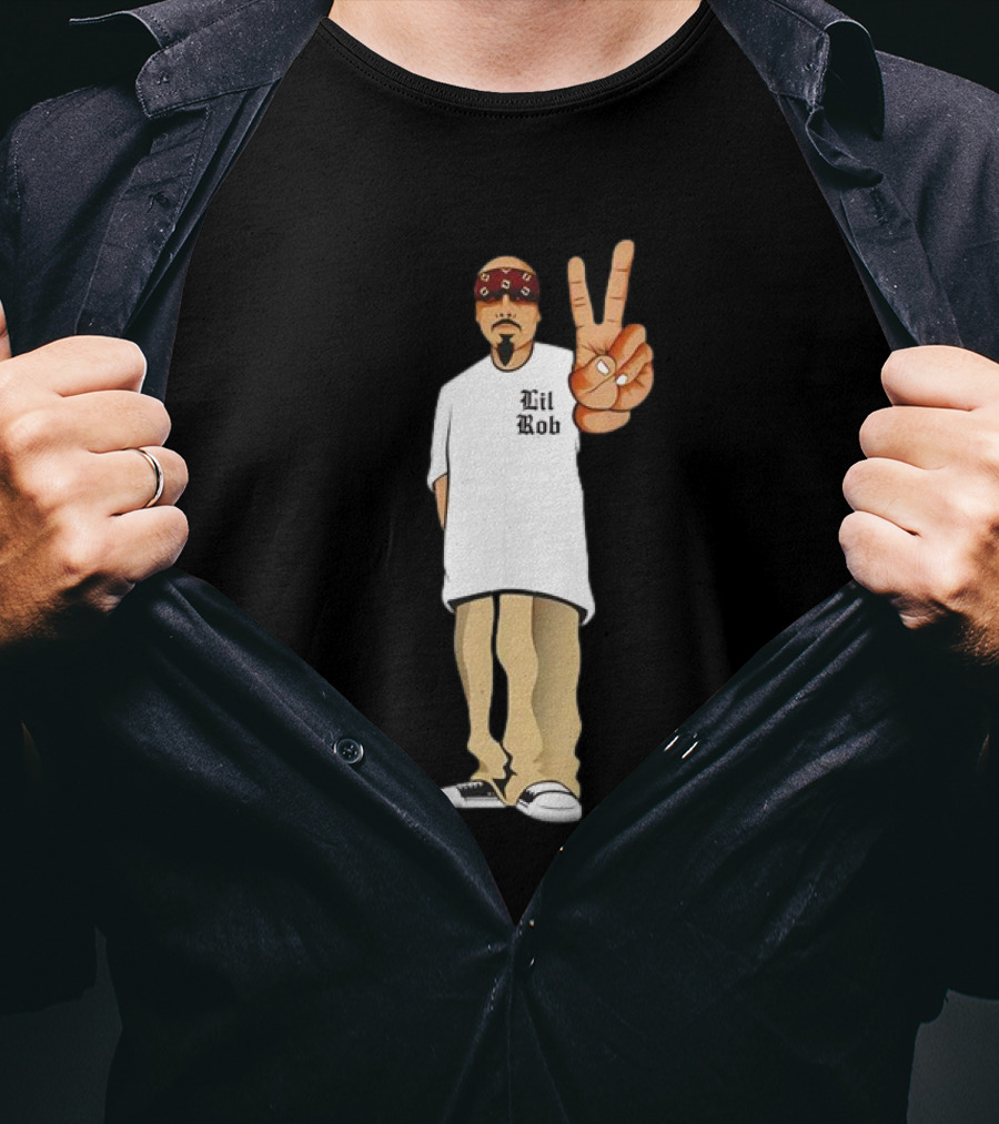 Lil Rob Peace Gesture Cartoon Character With Headband And Bearded T-Shirt