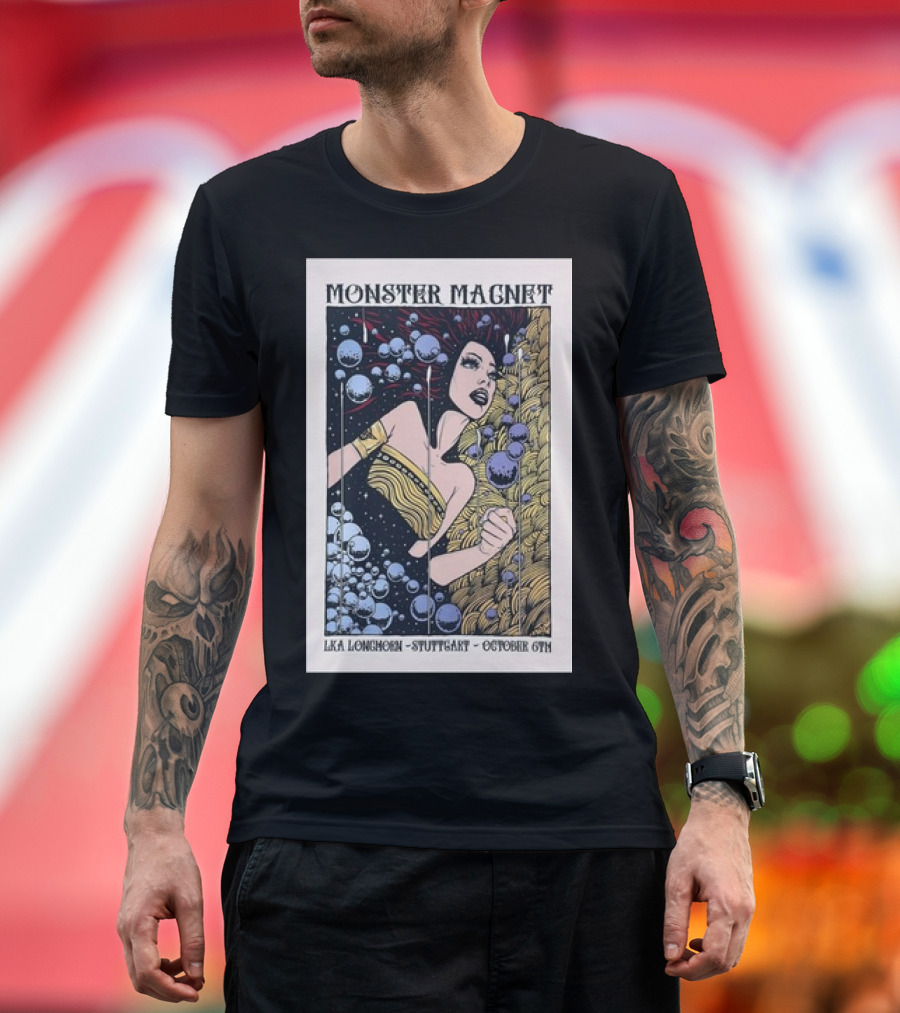 Monster Magnet LKA Longhorn Stuttgart October 6 2024 Tour Poster Art Deco Style Floating Bubbles and Woman T-Shirt