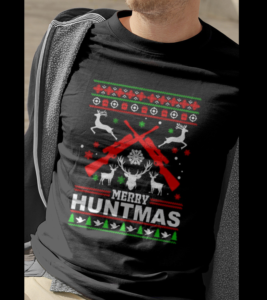 Merry Huntmas Christmas Reindeer Guns And Antlers Holiday T-Shirt