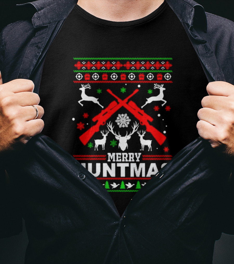 Merry Huntmas Christmas Reindeer Guns And Antlers Holiday T-Shirt