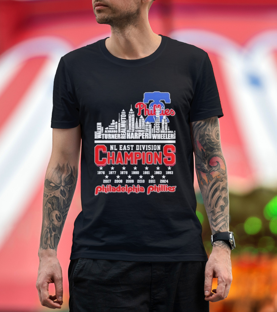 Philadelphia Phillies 2024 NL East Division Champions Skyline Turner Realmuto Harper Wheeler T-Shirt
