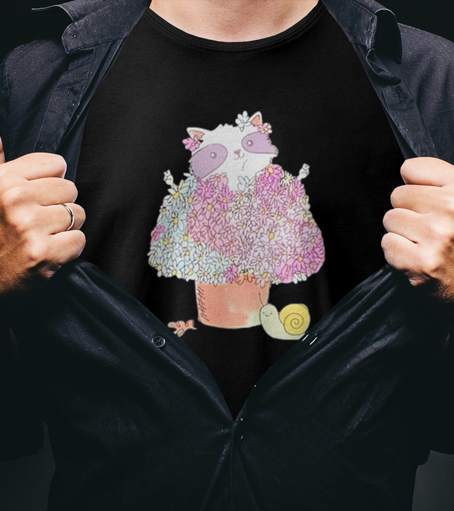 Raccoon In Floral Pot With Snail And Blossoms T-Shirt