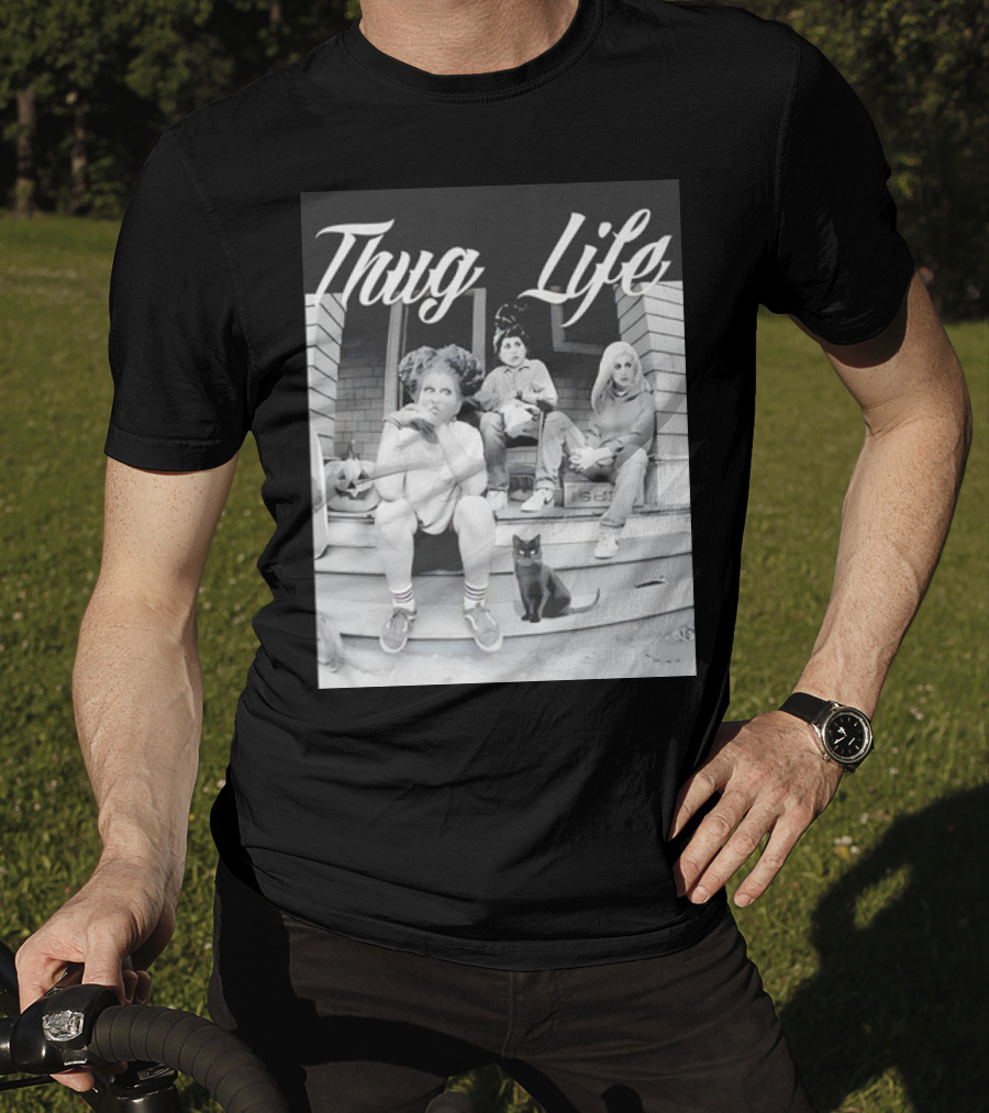 Hocus Pocus Thug Life Witchy Trio With Black Cat And Pumpkin Porch Scene T-Shirt