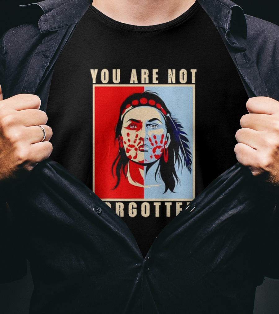 You Are Not Forgotten Awareness Native American Indian Red Handprint Feather Profile T-Shirt