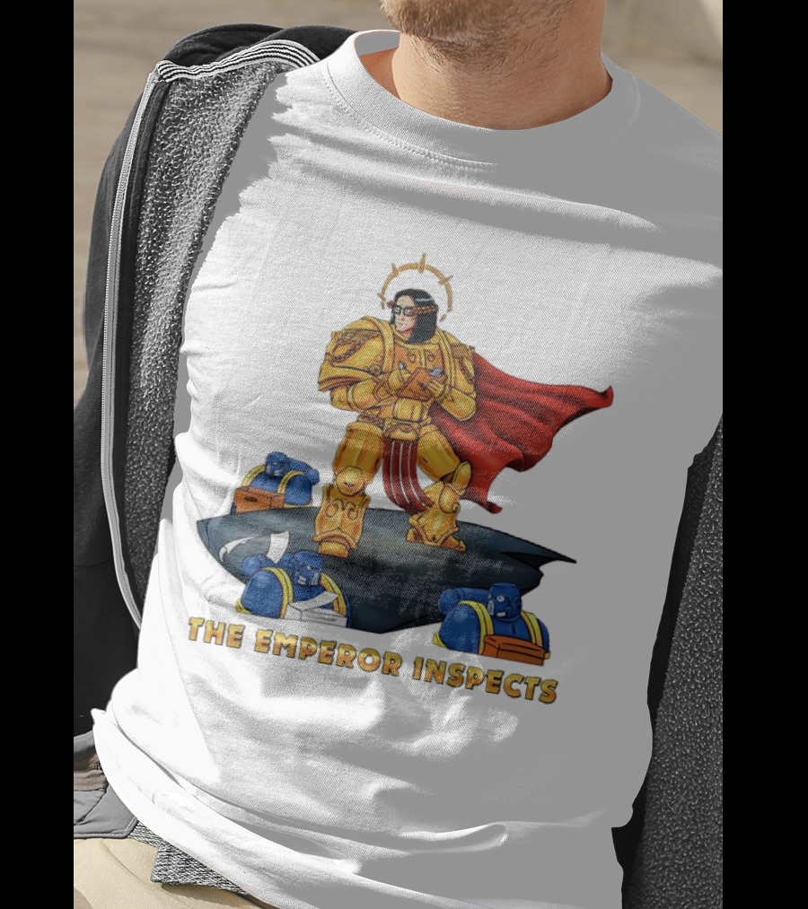 The Emperor Inspects Power Armor With Red Cape And Space Soldiers On Dark Platform T-Shirt