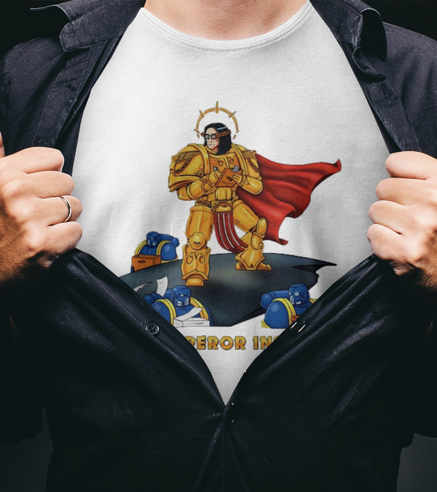 The Emperor Inspects Power Armor With Red Cape And Space Soldiers On Dark Platform T-Shirt