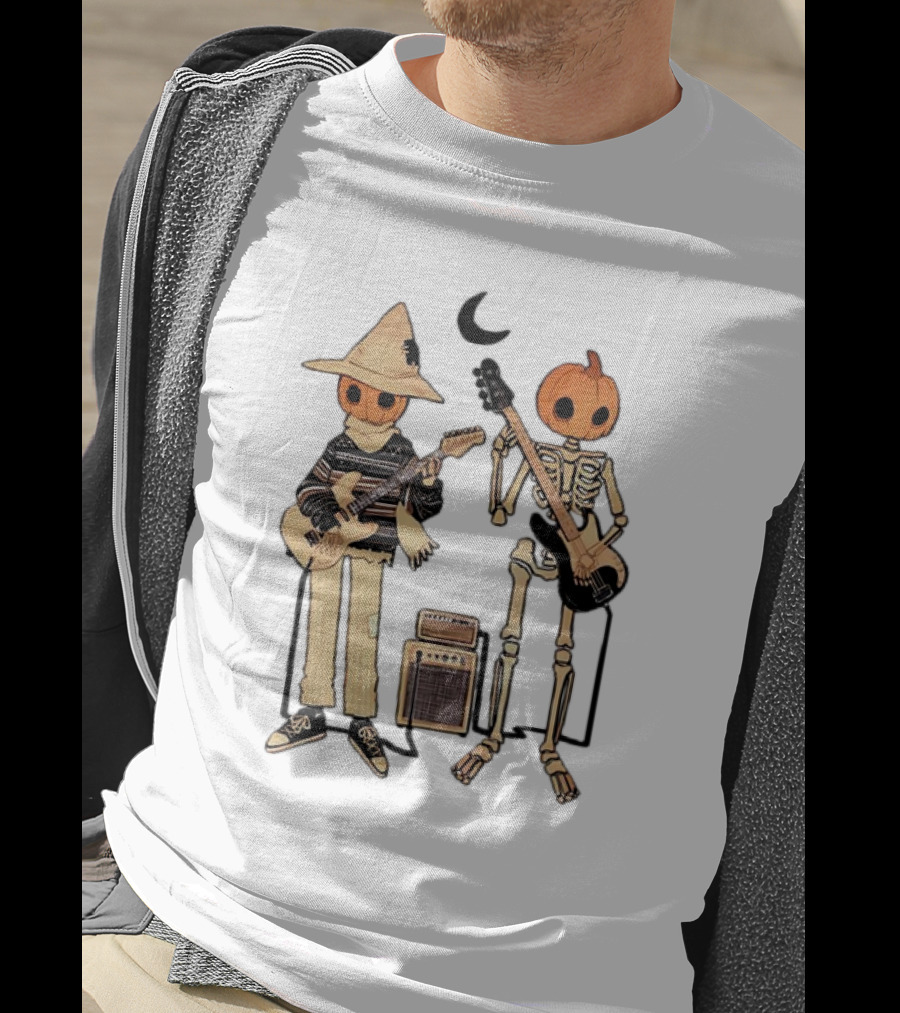 Libby Frame Pumpkin Skeleton Musicians With Crescent Moon T-Shirt