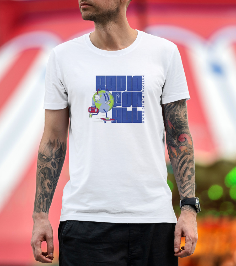 RADIO FOR ALL National Public Radio Cartoon Skateboarding Globe T-Shirt