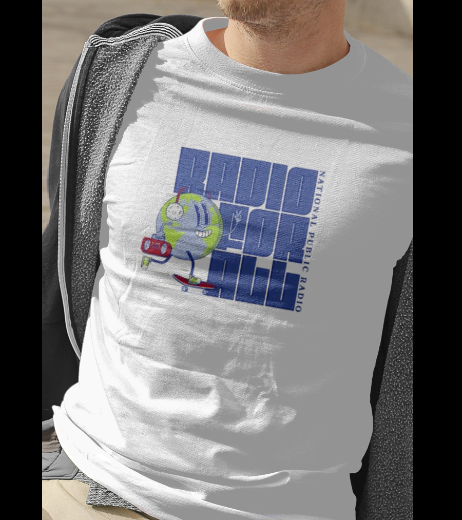 RADIO FOR ALL National Public Radio Cartoon Skateboarding Globe T-Shirt