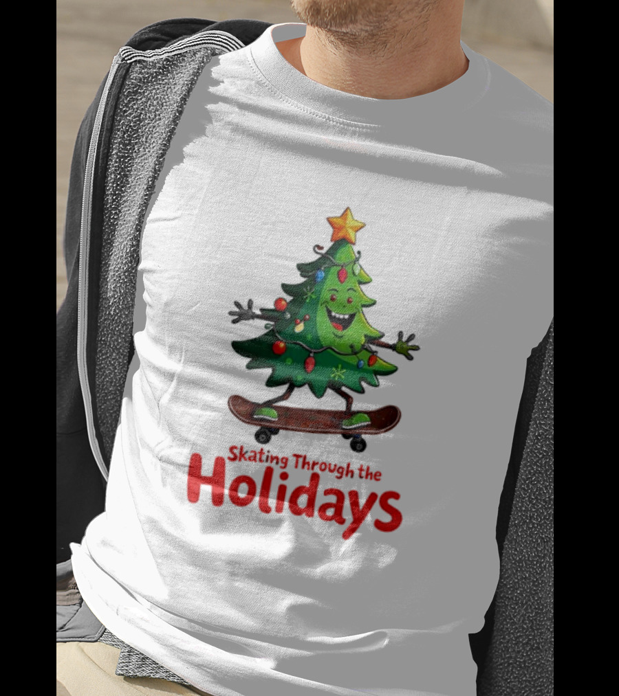 Skating Through The Holidays Christmas Tree Skateboard T-Shirt