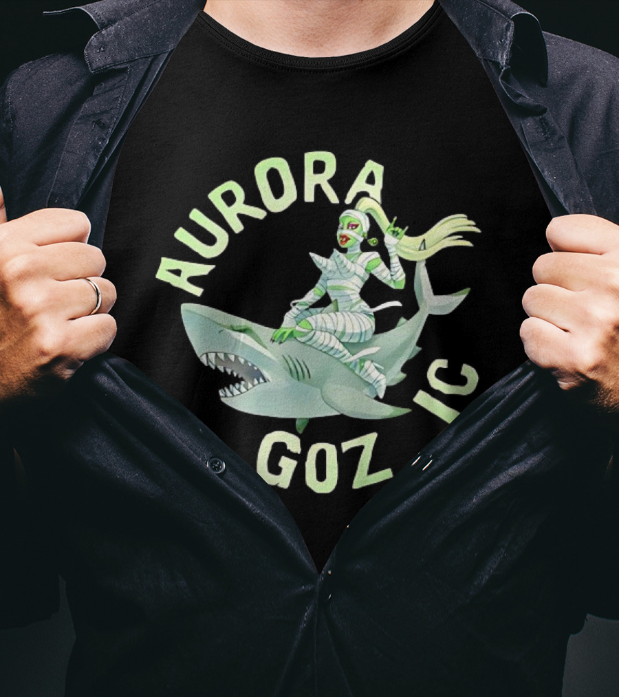 Aurora Gozmic Cartoon Mummy Riding Shark T-Shirt