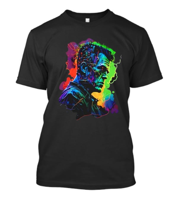 Cyberpunk Frankenstein Neon Circuit Profile T-Shirt